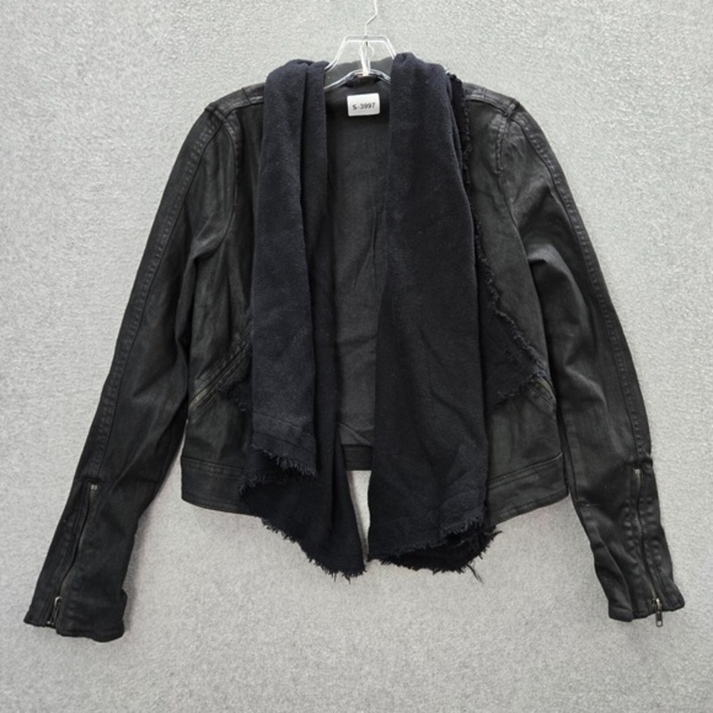 Free People Women Jacket 4 Black Denim Drape Front Coated‎ Moto Valerie Tulle